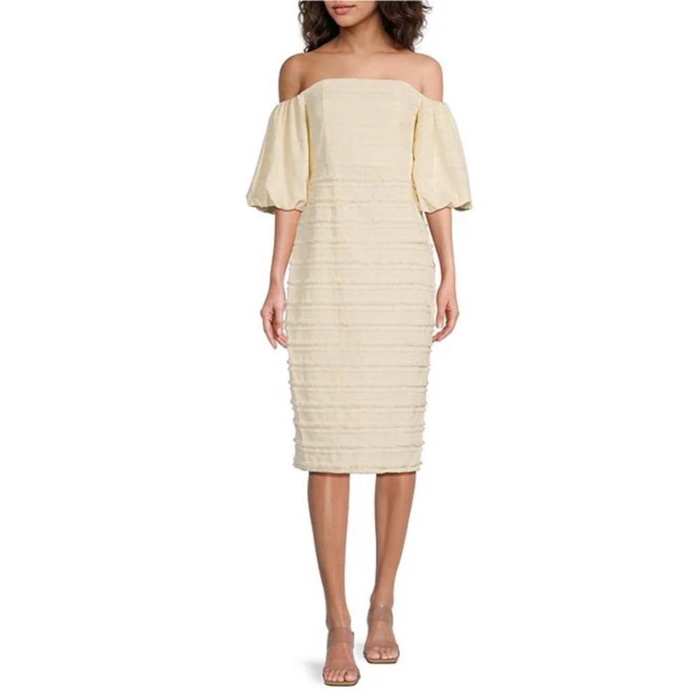 Badgley Mischka Sz 14 Cala Fringed Linen Off-The-Shoulder Puff Sleeve Midi Dress